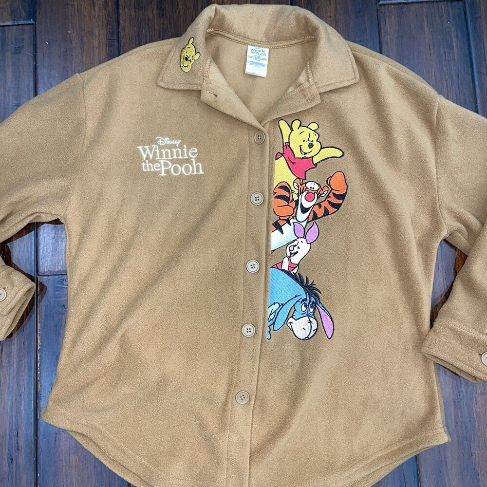 Disney Winnie The Pooh Embroidered Button Up Fleece Shirt Jacket Brown SM (4/6)